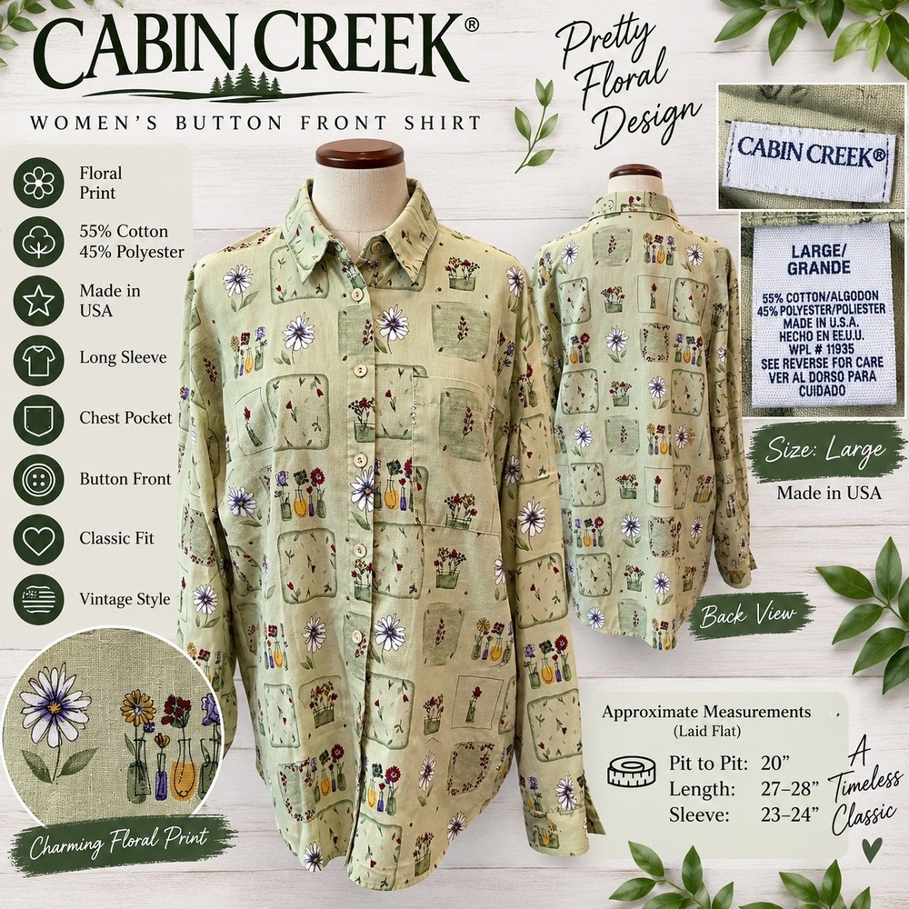 Cabin Creek Vintage Floral Button Front Shirt Sage Green Long Sleeve Large USA